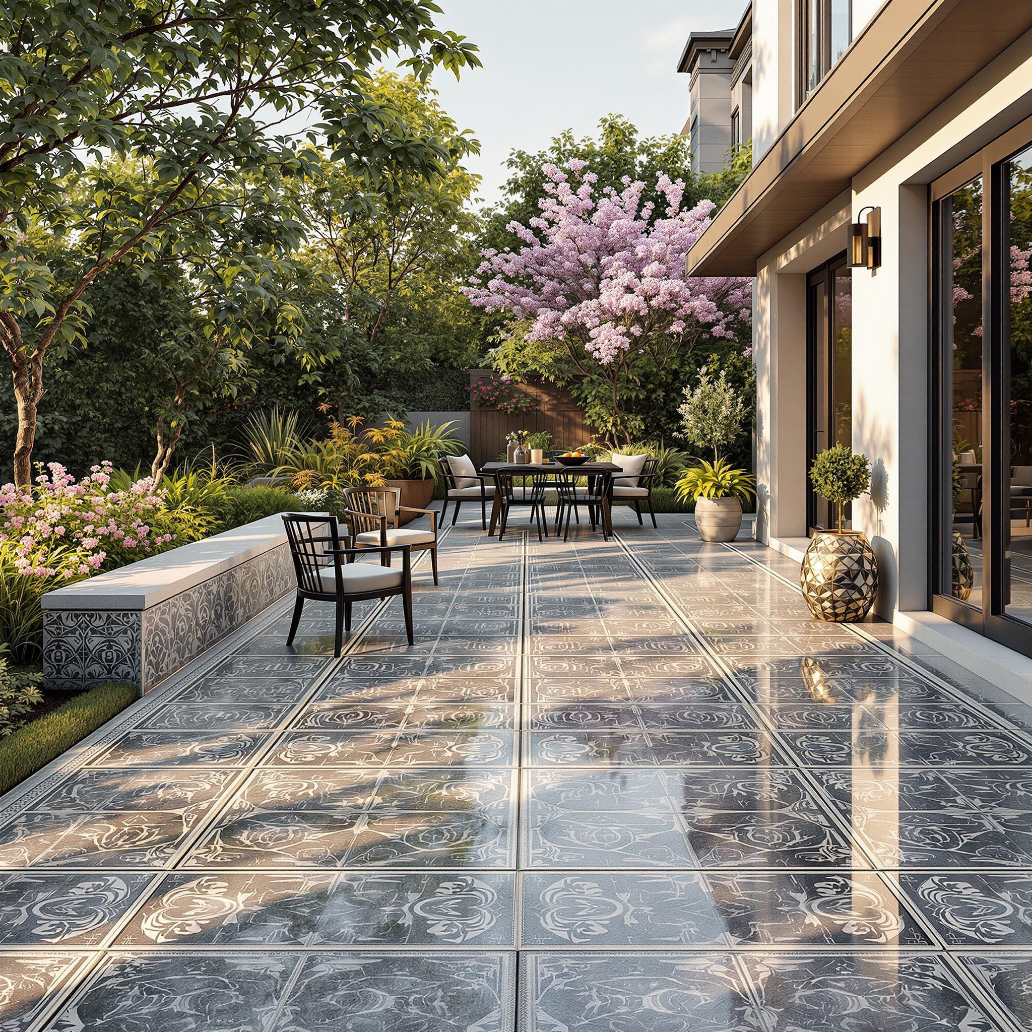 Elegant patio with ornate tiled flooring, crafted by experienced patio installation contractors in Tulsa, featuring a dining table with chairs and lush greenery, including blooming trees and shrubs, adjacent to a modern building with large glass doors.