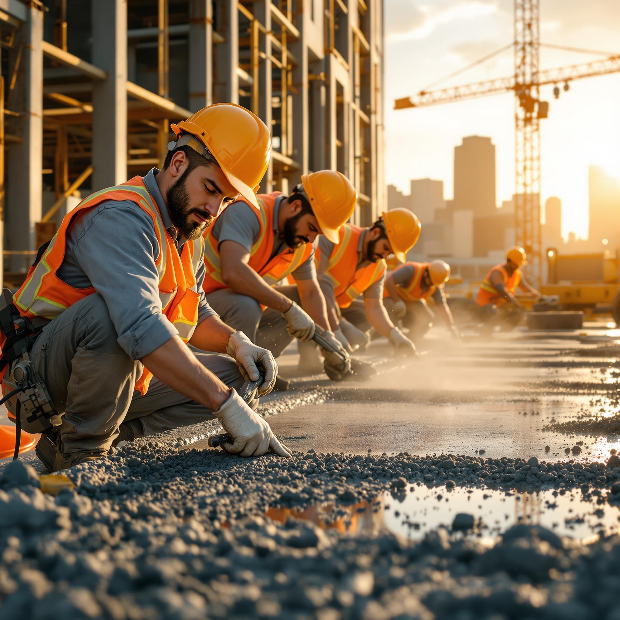 Experienced patio installation contractors in Tulsa, clad in orange vests and helmets, smooth concrete on a building site at sunset with a city skyline and crane silhouetted against the horizon.