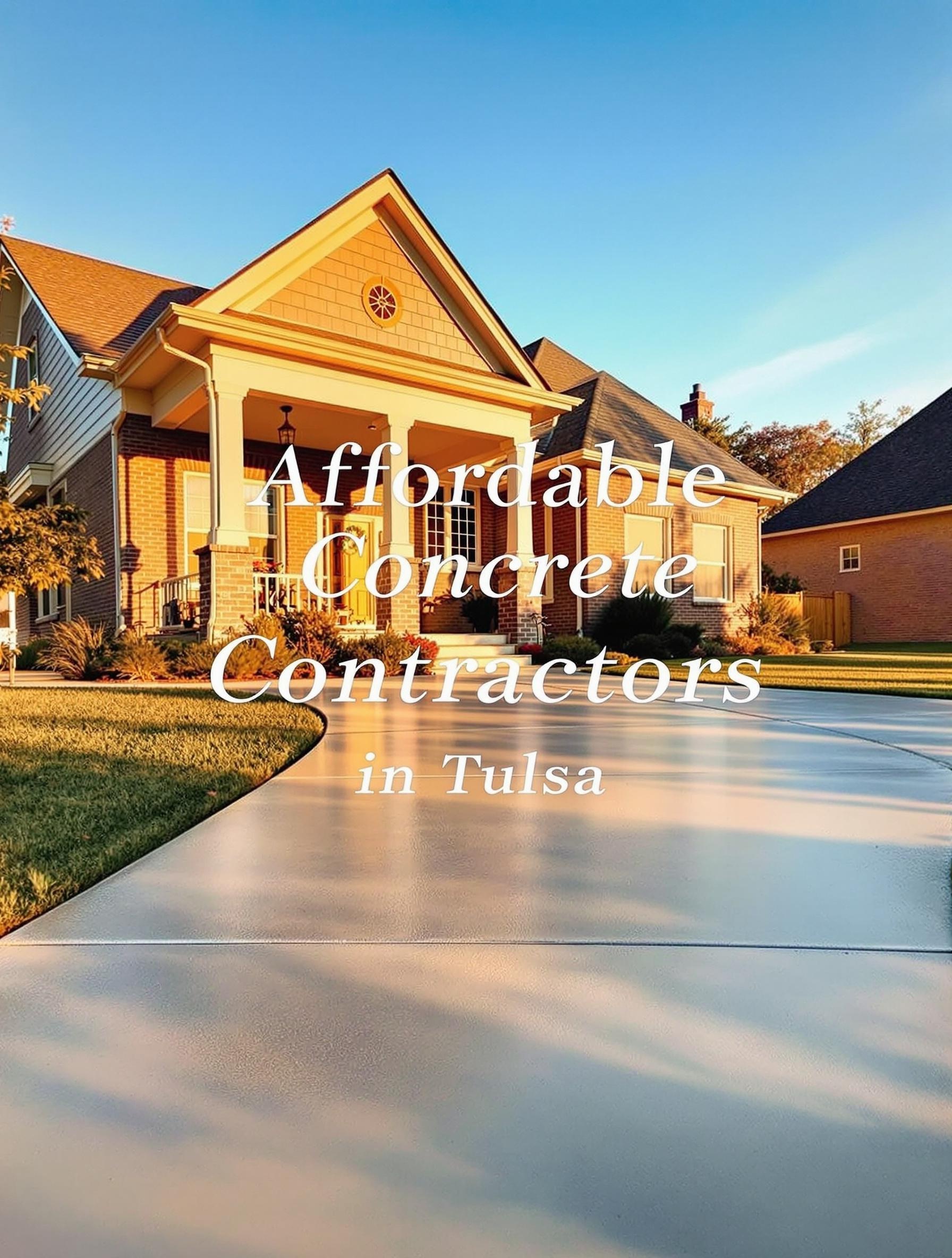 Driveway leading to a house, showcasing "Affordable Concrete Contractors in Tulsa" overlaid on the image.