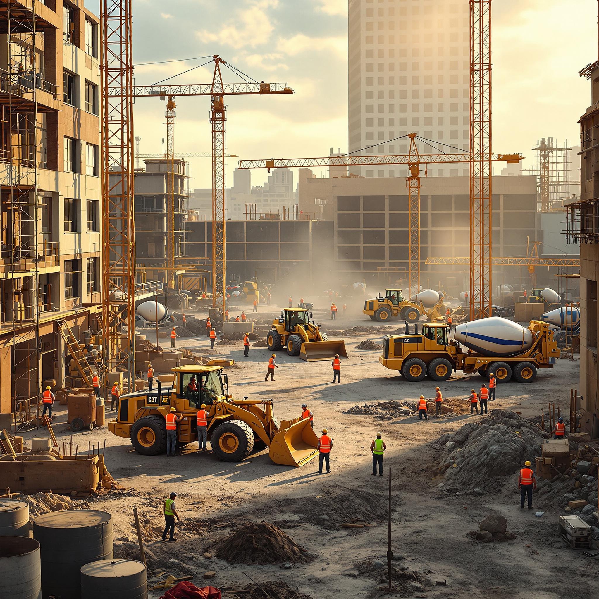 At a bustling construction site under a sunny sky, workers in orange vests coordinate with cranes and heavy machinery. Nearby, experienced patio installation contractors in Tulsa skillfully shape concrete structures as the project takes form.